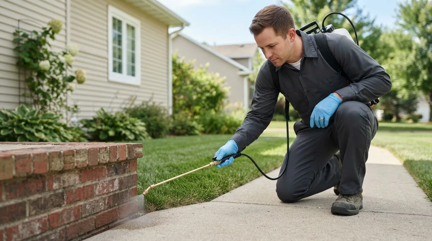 Pest control technician treating a home near Charter Oak, IA