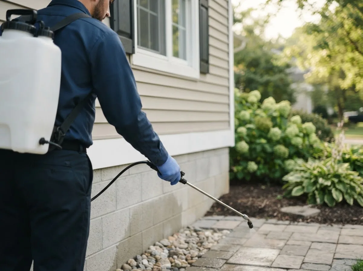 Pest control technician inspecting a home in Charter Oak, IA